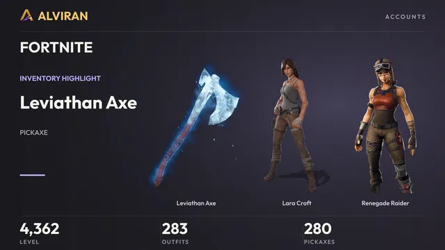 FORTNITE · Level 4362 · Leviathan Axe, Lara Croft, Renegade Raider