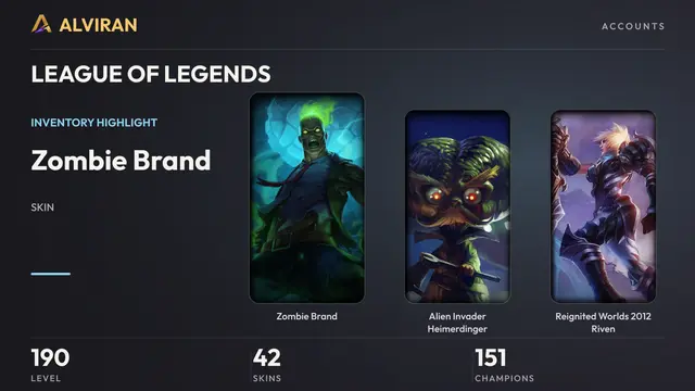 LEAGUE OF LEGENDS · Level 190 · Zombie Brand, Alien Invader Heimerdinger, Reignited Worlds 2012 Riven