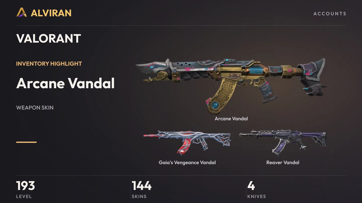VALORANT · Level 193 · Arcane Vandal, Gaia's Vengeance Vandal, Reaver Vandal