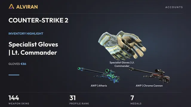 COUNTER-STRIKE 2 · Level 31 · Specialist Gloves | Lt. Commander · Field-Tested, AWP | Atheris · Factory New, AWP | Chrome Cannon · Field-Tested