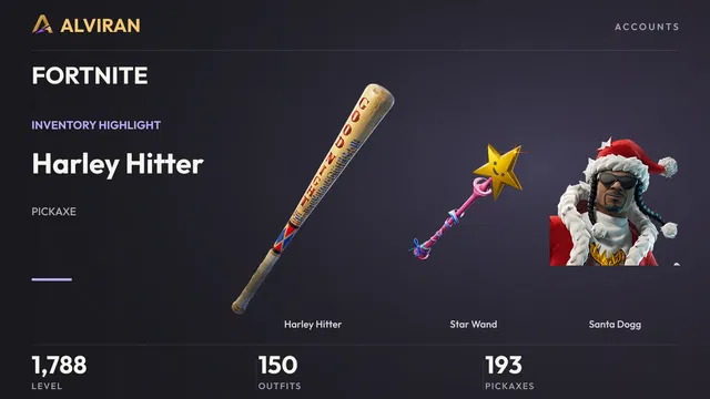 FORTNITE · Level 1788 · Harley Hitter, Star Wand, Santa Dogg