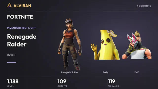 FORTNITE · Level 1188 · Renegade Raider, Peely, Drift