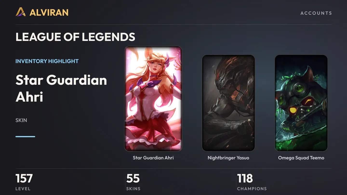 LEAGUE OF LEGENDS · Level 157 · Star Guardian Ahri, Nightbringer Yasuo, Omega Squad Teemo