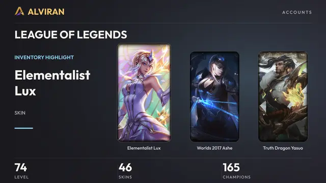 LEAGUE OF LEGENDS · Level 74 · Elementalist Lux, Worlds 2017 Ashe, Truth Dragon Yasuo