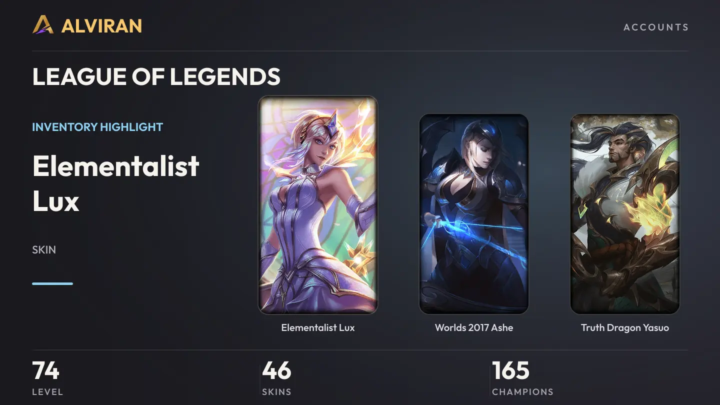 LEAGUE OF LEGENDS · Level 74 · Elementalist Lux, Worlds 2017 Ashe, Truth Dragon Yasuo