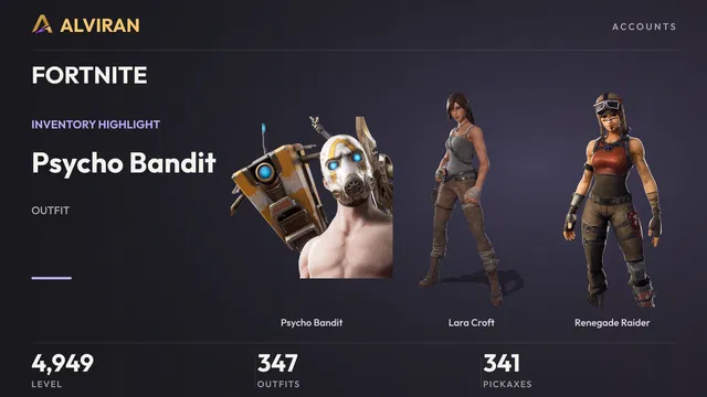 FORTNITE · Level 4949 · Psycho Bandit, Lara Croft, Renegade Raider