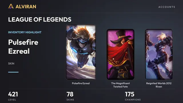 LEAGUE OF LEGENDS · Level 421 · Pulsefire Ezreal, The Magnificent Twisted Fate, Reignited Worlds 2012 Riven
