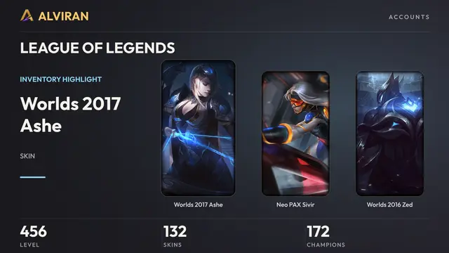 LEAGUE OF LEGENDS · Level 456 · Worlds 2017 Ashe, Neo PAX Sivir, Worlds 2016 Zed