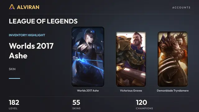 LEAGUE OF LEGENDS · Level 182 · Worlds 2017 Ashe, Victorious Graves, Demonblade Tryndamere