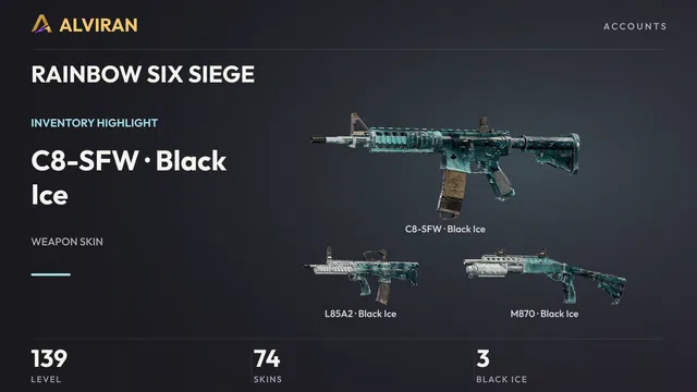 RAINBOW SIX SIEGE · Level 139 · Black Ice · C8-SFW, Black Ice · L85A2, Black Ice · M870