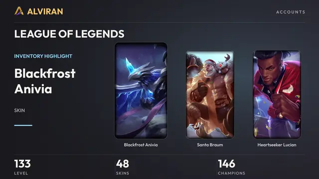 LEAGUE OF LEGENDS · Level 133 · Blackfrost Anivia, Santa Braum, Heartseeker Lucian