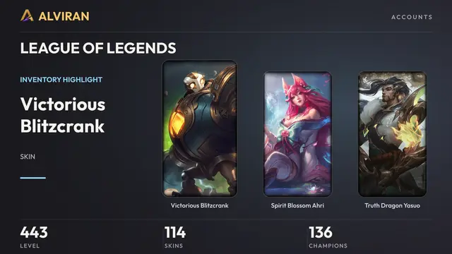 LEAGUE OF LEGENDS · Level 443 · Victorious Blitzcrank, Spirit Blossom Ahri, Truth Dragon Yasuo