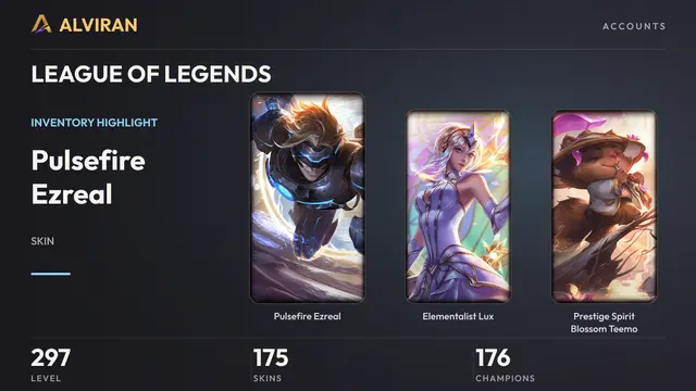 LEAGUE OF LEGENDS · Level 297 · Pulsefire Ezreal, Elementalist Lux, Prestige Spirit Blossom Teemo