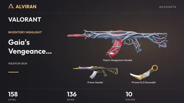 VALORANT · Level 158 · Gaia's Vengeance Vandal, Prime Vandal, Prime//2.0 Karambit · Melee
