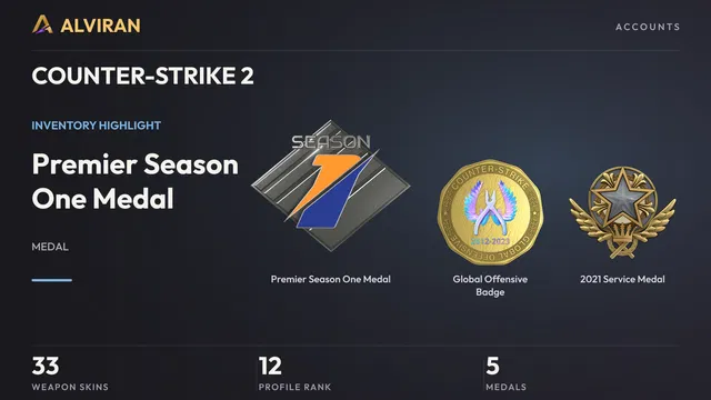 COUNTER-STRIKE 2 · Level 12 · Premier Season One Medal, Global Offensive Badge, 2021 Service Medal