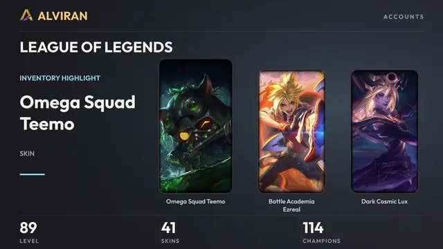LEAGUE OF LEGENDS · Level 89 · Omega Squad Teemo, Battle Academia Ezreal, Dark Cosmic Lux