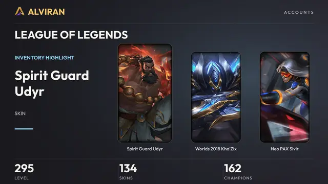 LEAGUE OF LEGENDS · Level 295 · Spirit Guard Udyr, Worlds 2018 Kha'Zix, Neo PAX Sivir