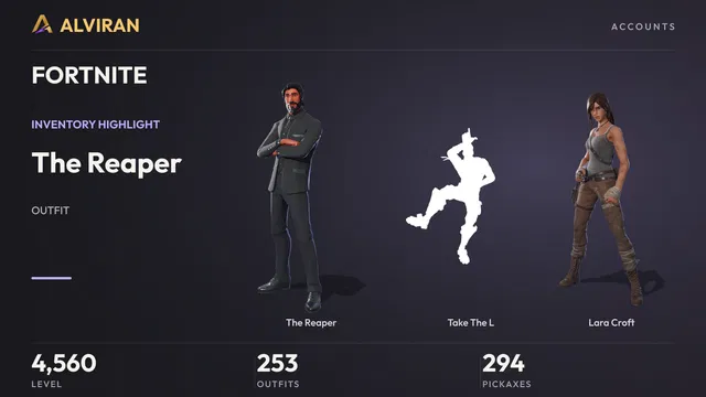 FORTNITE · Level 4560 · The Reaper, Take The L, Lara Croft