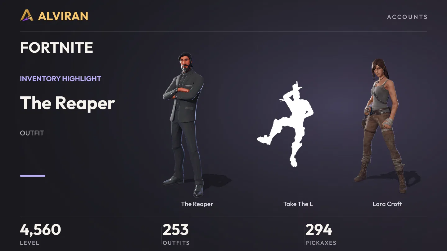 FORTNITE · Level 4560 · The Reaper, Take The L, Lara Croft