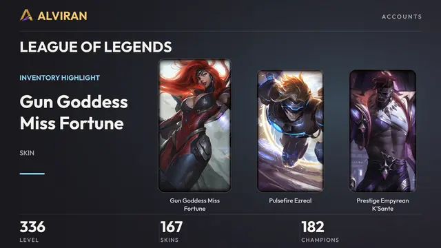 LEAGUE OF LEGENDS · Level 336 · Gun Goddess Miss Fortune, Pulsefire Ezreal, Prestige Empyrean K'Sante