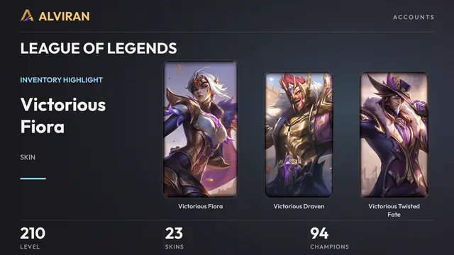 LEAGUE OF LEGENDS · Level 210 · Victorious Fiora, Victorious Draven, Victorious Twisted Fate