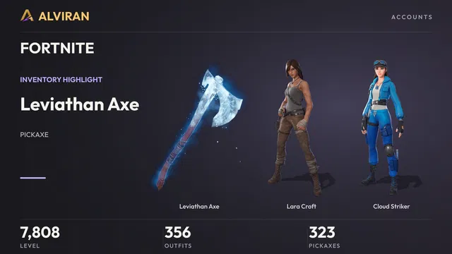 FORTNITE · Level 7808 · Leviathan Axe, Lara Croft, Cloud Striker