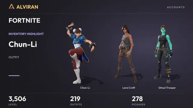 FORTNITE · Level 3506 · Chun-Li, Lara Croft, Ghoul Trooper