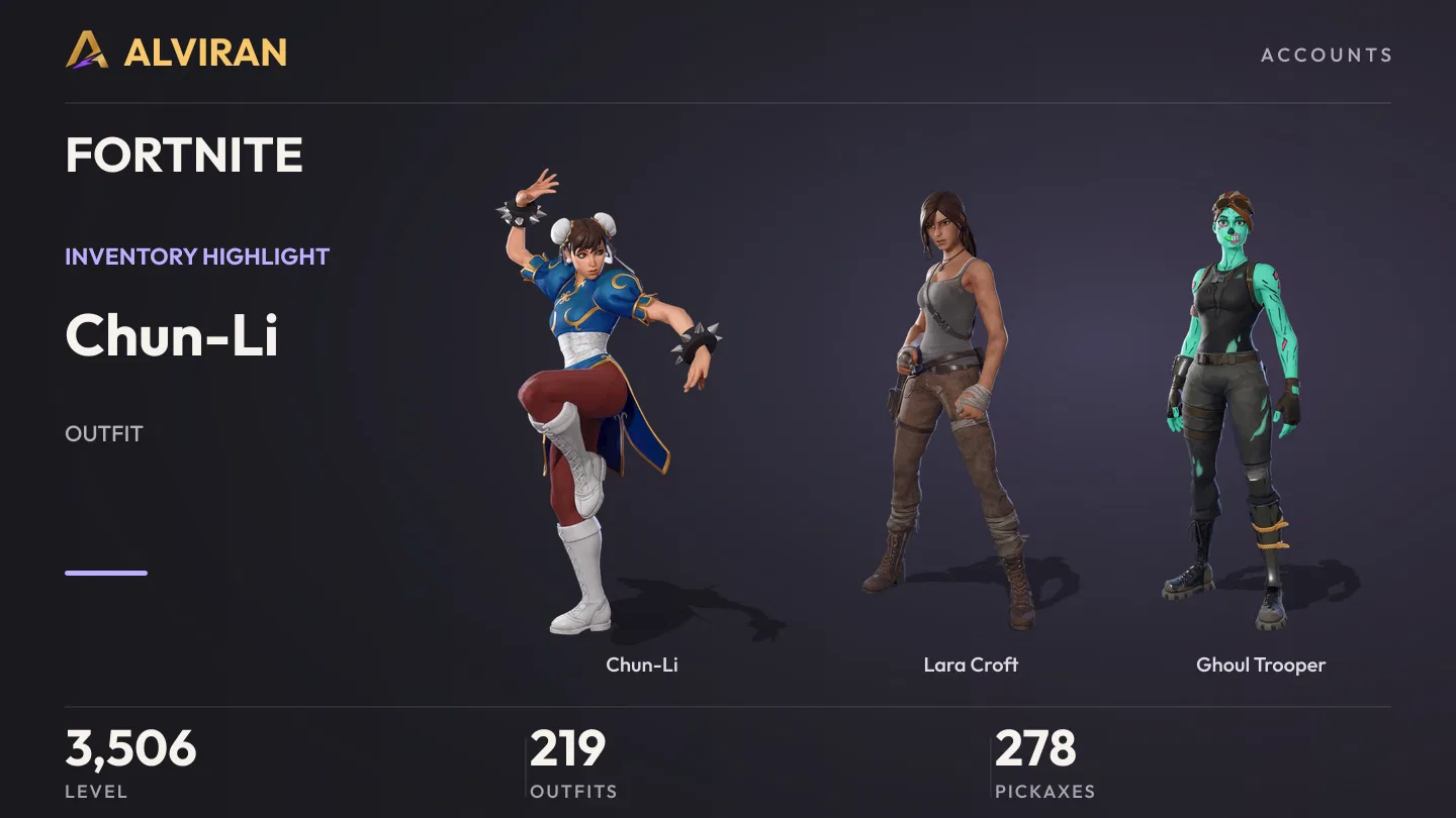 FORTNITE · Level 3506 · Chun-Li, Lara Croft, Ghoul Trooper