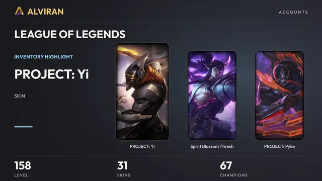 LEAGUE OF LEGENDS · Level 158 · PROJECT: Yi, Spirit Blossom Thresh, PROJECT: Pyke