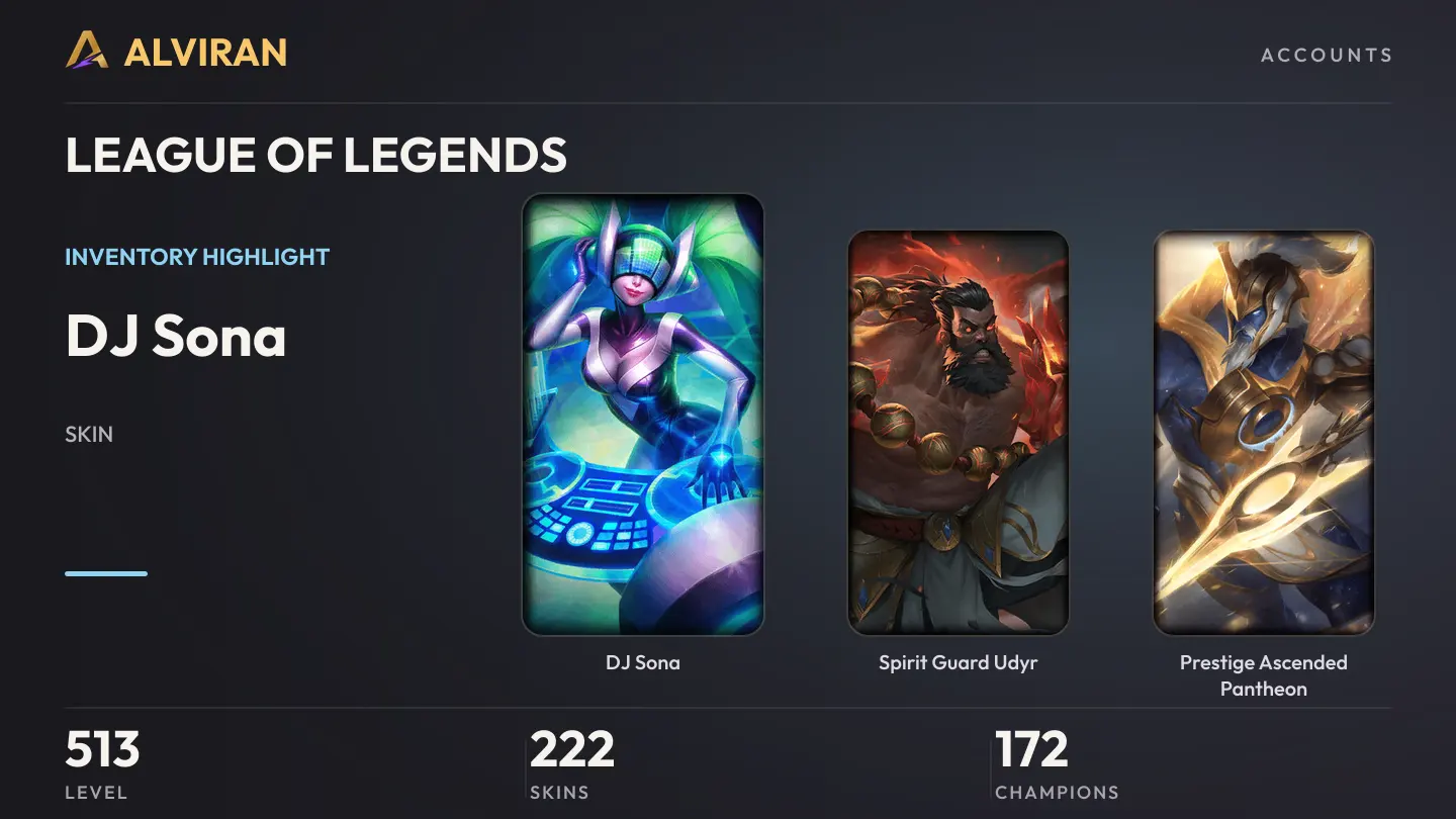 LEAGUE OF LEGENDS · Level 513 · DJ Sona, Spirit Guard Udyr, Prestige Ascended Pantheon