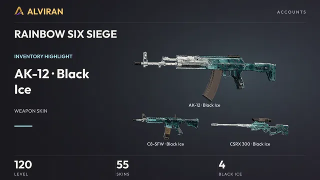 RAINBOW SIX SIEGE · Level 120 · Black Ice · AK-12, Black Ice · C8-SFW, Black Ice · CSRX 300