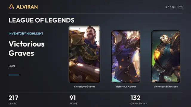 LEAGUE OF LEGENDS · Level 217 · Victorious Graves, Victorious Aatrox, Victorious Blitzcrank