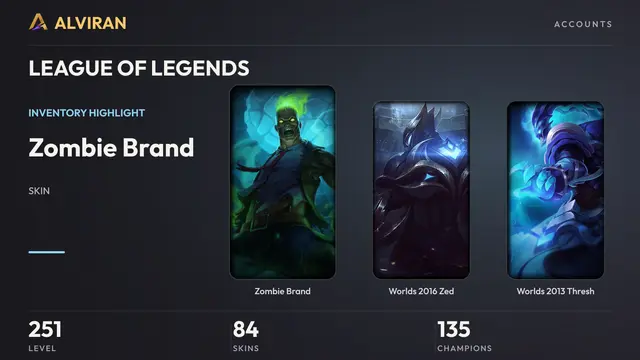 LEAGUE OF LEGENDS · Level 251 · Zombie Brand, Worlds 2016 Zed, Worlds 2013 Thresh
