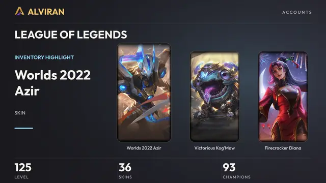 LEAGUE OF LEGENDS · Level 125 · Worlds 2022 Azir, Victorious Kog'Maw, Firecracker Diana