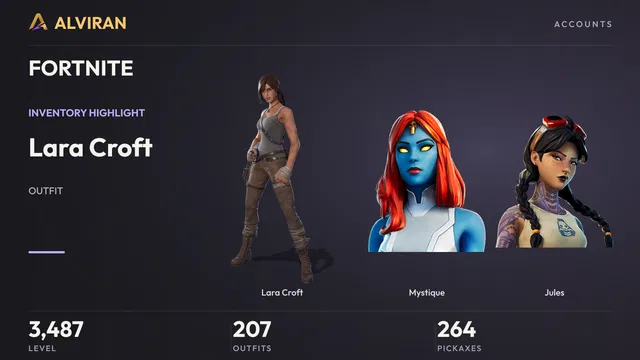 FORTNITE · Level 3487 · Lara Croft, Mystique, Jules
