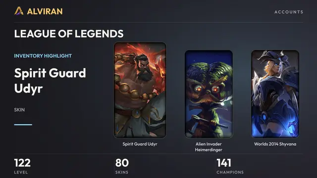 LEAGUE OF LEGENDS · Level 122 · Spirit Guard Udyr, Alien Invader Heimerdinger, Worlds 2014 Shyvana