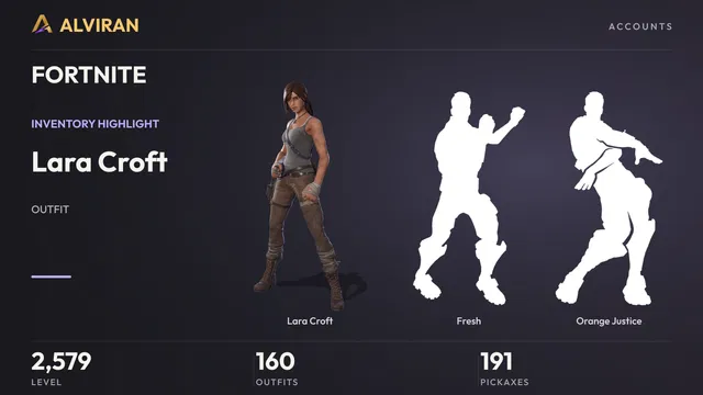 FORTNITE · Level 2579 · Lara Croft, Fresh, Orange Justice