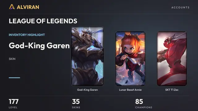 LEAGUE OF LEGENDS · Level 177 · God-King Garen, Lunar Beast Annie, SKT T1 Zac