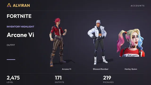 FORTNITE · Level 2475 · Arcane Vi, Blizzard Bomber, Harley Quinn