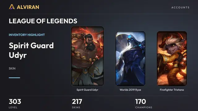 LEAGUE OF LEGENDS · Level 303 · Spirit Guard Udyr, Worlds 2019 Ryze, Firefighter Tristana