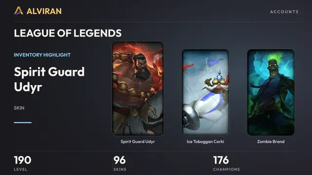 LEAGUE OF LEGENDS · Level 190 · Spirit Guard Udyr, Ice Toboggan Corki, Zombie Brand