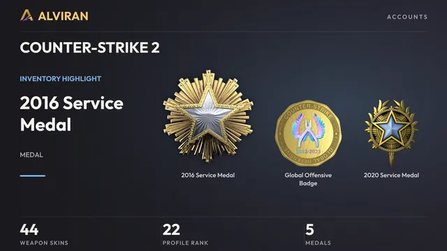 COUNTER-STRIKE 2 · Level 22 · 2016 Service Medal, Global Offensive Badge, 2020 Service Medal