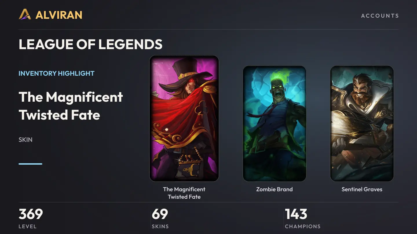LEAGUE OF LEGENDS · Level 369 · The Magnificent Twisted Fate, Zombie Brand, Sentinel Graves