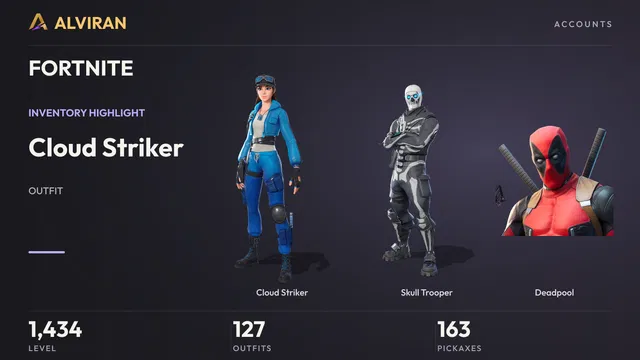 FORTNITE · Level 1434 · Cloud Striker, Skull Trooper, Deadpool