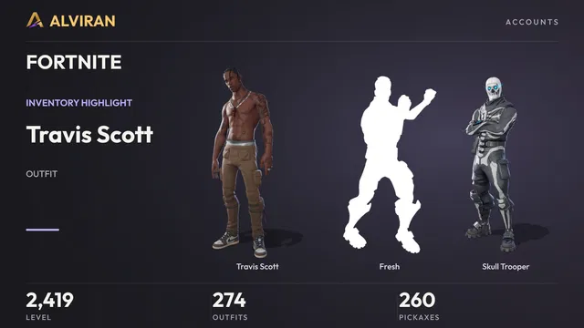 FORTNITE · Level 2419 · Travis Scott, Fresh, Skull Trooper