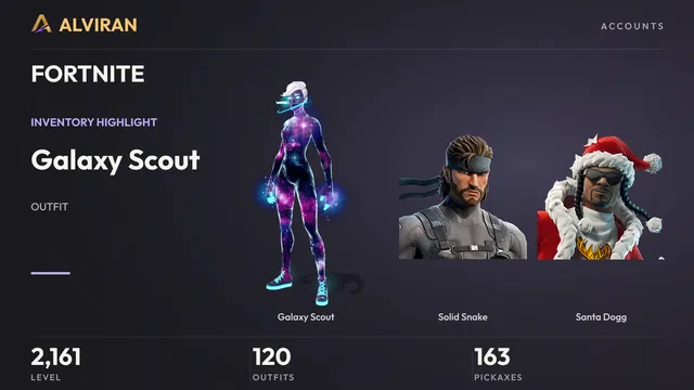 FORTNITE · Level 2161 · Galaxy Scout, Solid Snake, Santa Dogg