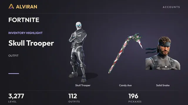 FORTNITE · Level 3277 · Skull Trooper, Candy Axe, Solid Snake