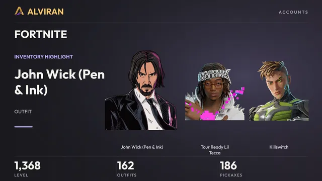 FORTNITE · Level 1368 · John Wick (Pen & Ink), Tour Ready Lil Tecca, Killswitch