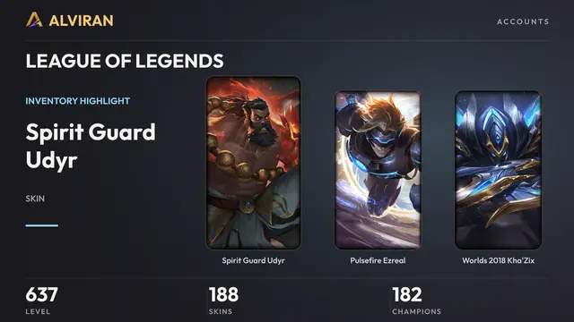 LEAGUE OF LEGENDS · Level 637 · Spirit Guard Udyr, Pulsefire Ezreal, Worlds 2018 Kha'Zix