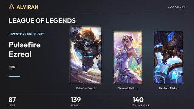 LEAGUE OF LEGENDS · Level 87 · Pulsefire Ezreal, Elementalist Lux, Hextech Alistar
